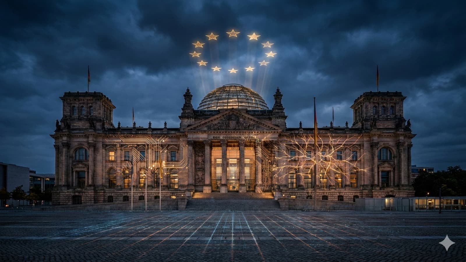AI Act Implementation Law: German Bundestag with digital circuits and EU stars at dusk